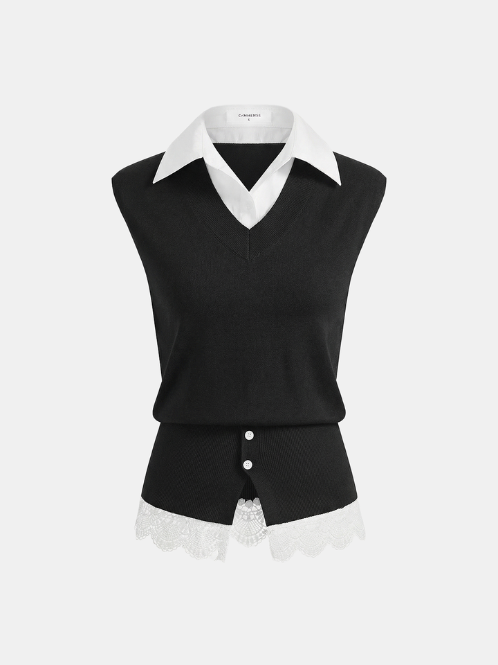 2 in 1 Collared Lace Hem Knit Vest
