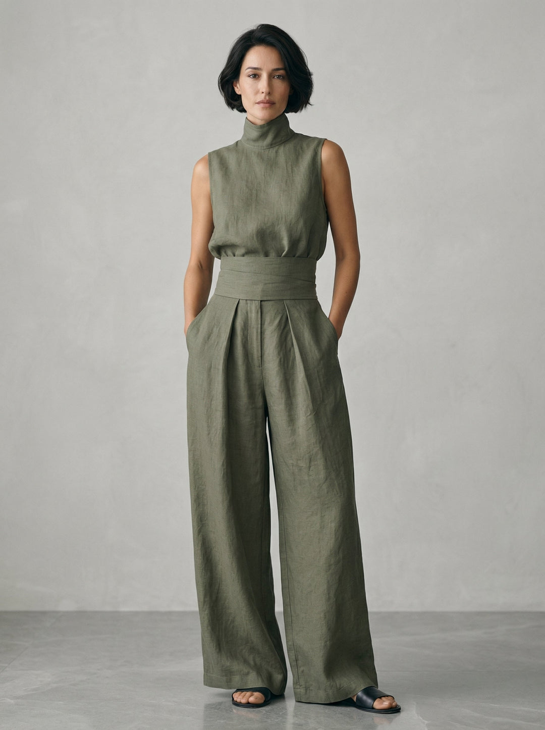Lynette™ | High-Neck Cotton Top & Wide-Leg Trouser Set