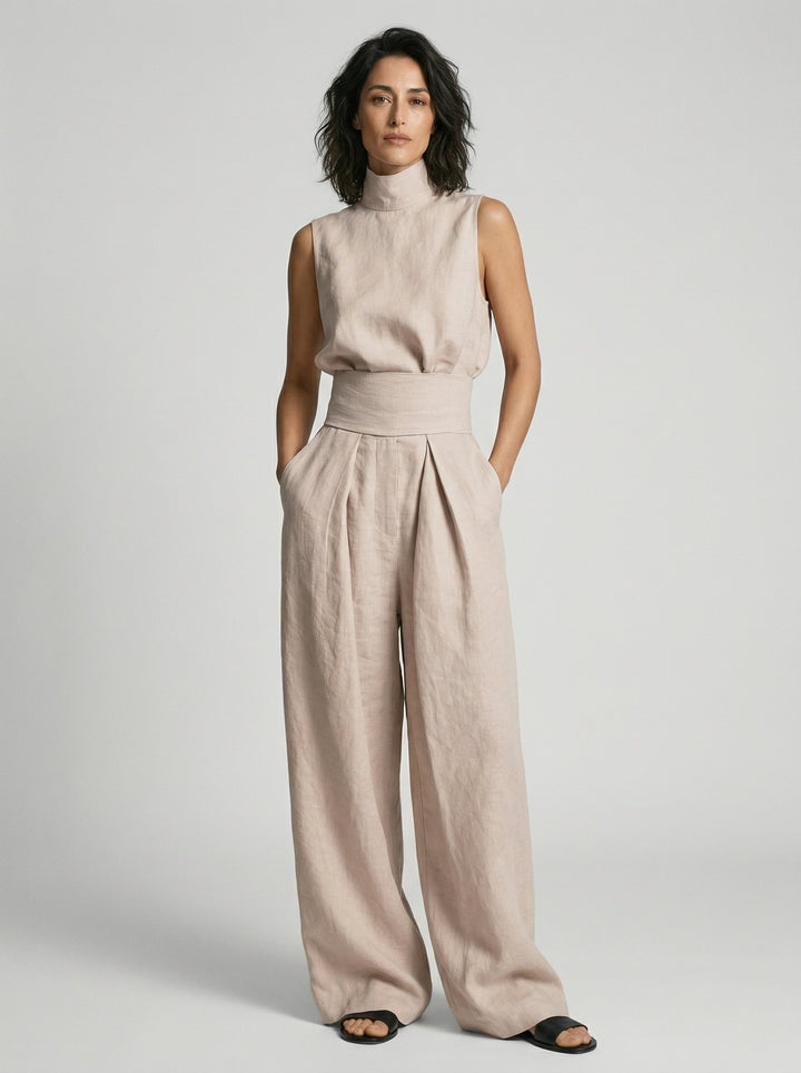 Lynette™ | High-Neck Cotton Top & Wide-Leg Trouser Set