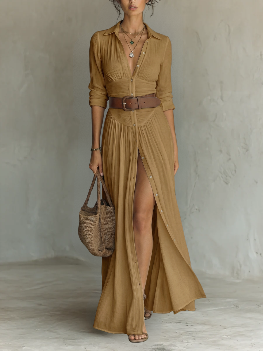 PAMELA | Pleated maxi shirt dress