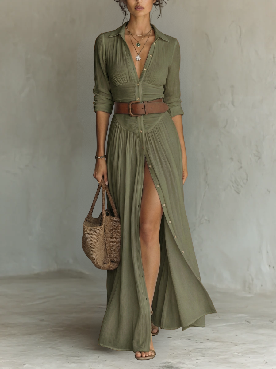 PAMELA | Pleated maxi shirt dress