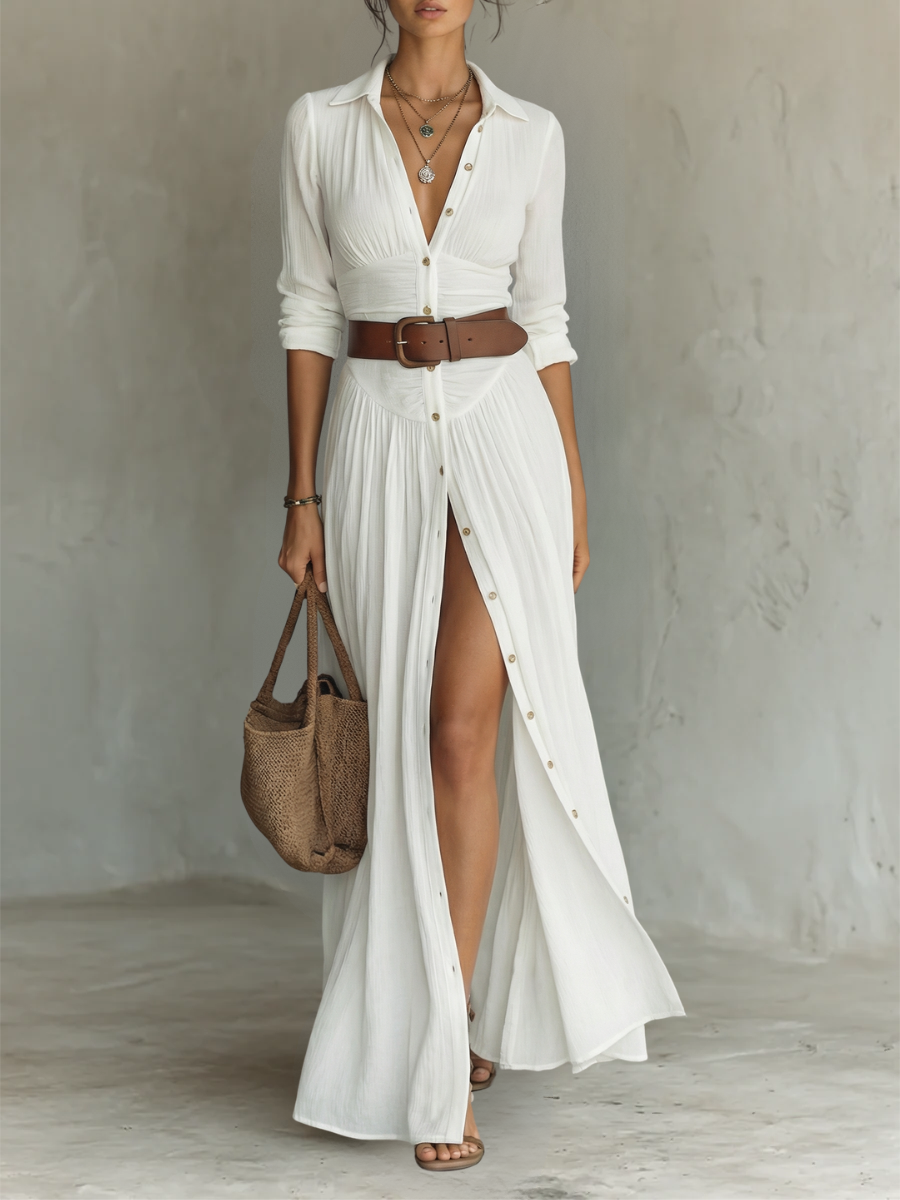 PAMELA | Pleated maxi shirt dress