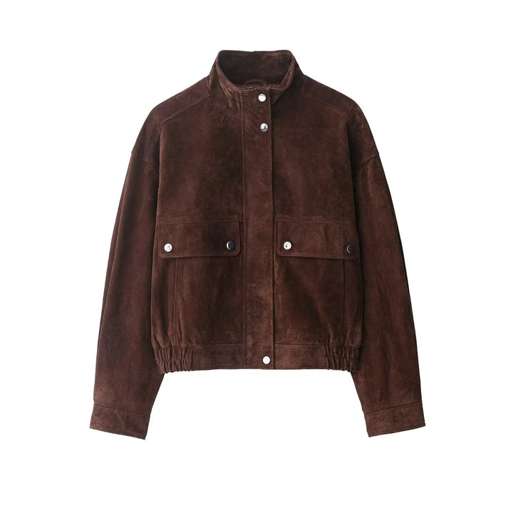 Women’s Cropped Suede Jacket with Snap Button Front and Utility Pockets