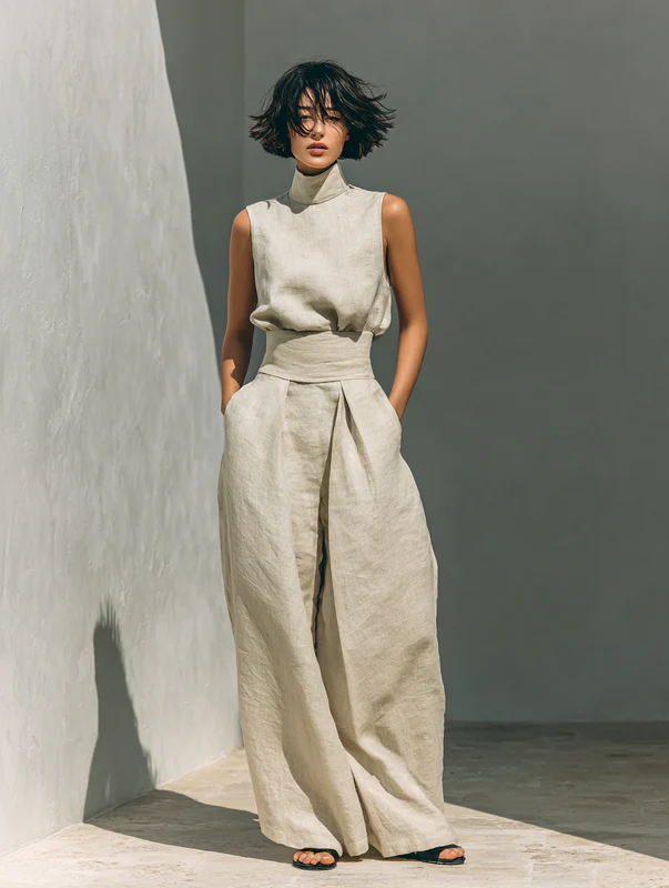 Lynette™ | High-Neck Cotton Top & Wide-Leg Trouser Set
