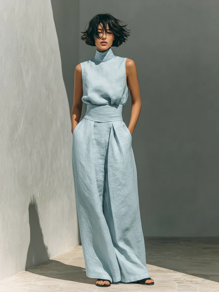 Lynette™ | High-Neck Cotton Top & Wide-Leg Trouser Set