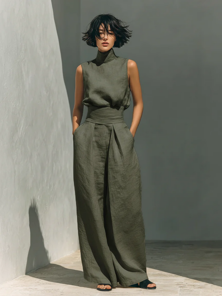 Lynette™ | High-Neck Cotton Top & Wide-Leg Trouser Set